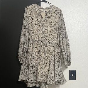 By Together Cream and Black Polka Dot Long Sleeve Tiered Dress